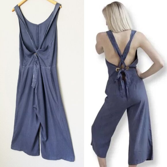 Anthropologie Cloth & Stone Tie Open Back Crop Jumpsuit L Wide Leg Flowy Tencel - Picture 11 of 12